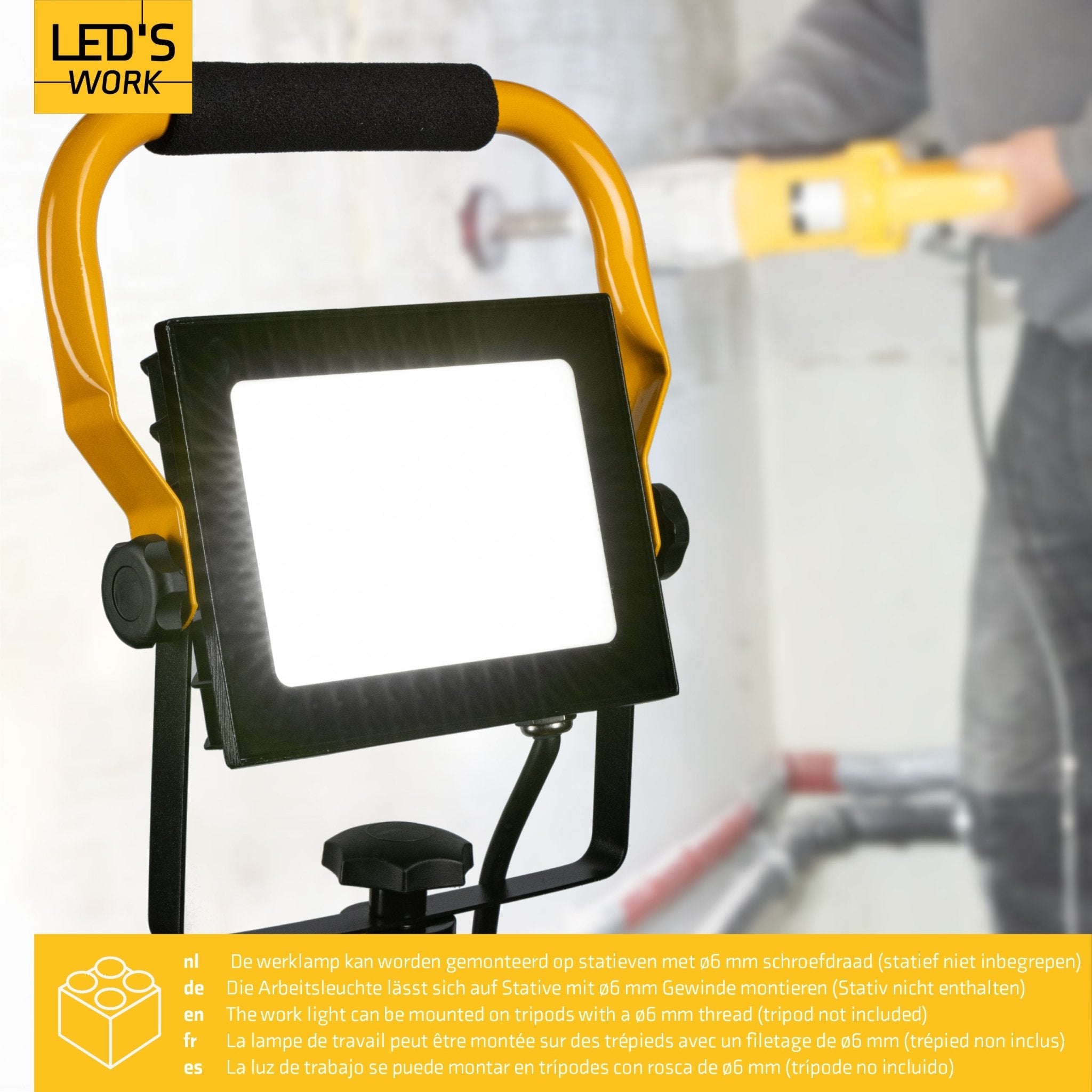 LED's Work 50W Bouwlamp Werklamp Bedraad 4900lm - Verstelbare beugel - Waterdicht (IP65) - Zwart geel Werklampen LED.nl