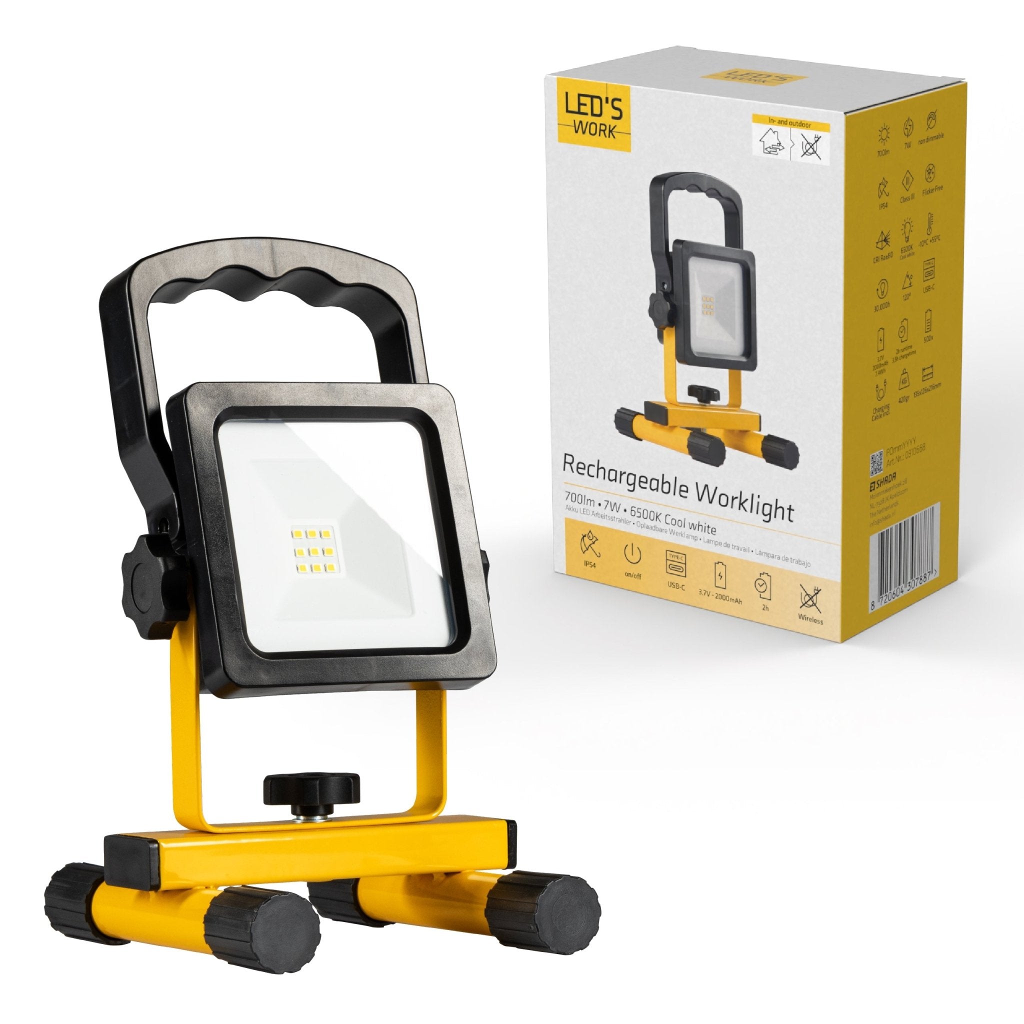 LED's Work draadloze LED Werklamp op accu 700lm - Oplaadbaar en kantelbaar - Zwart geel Werklampen LED.nl