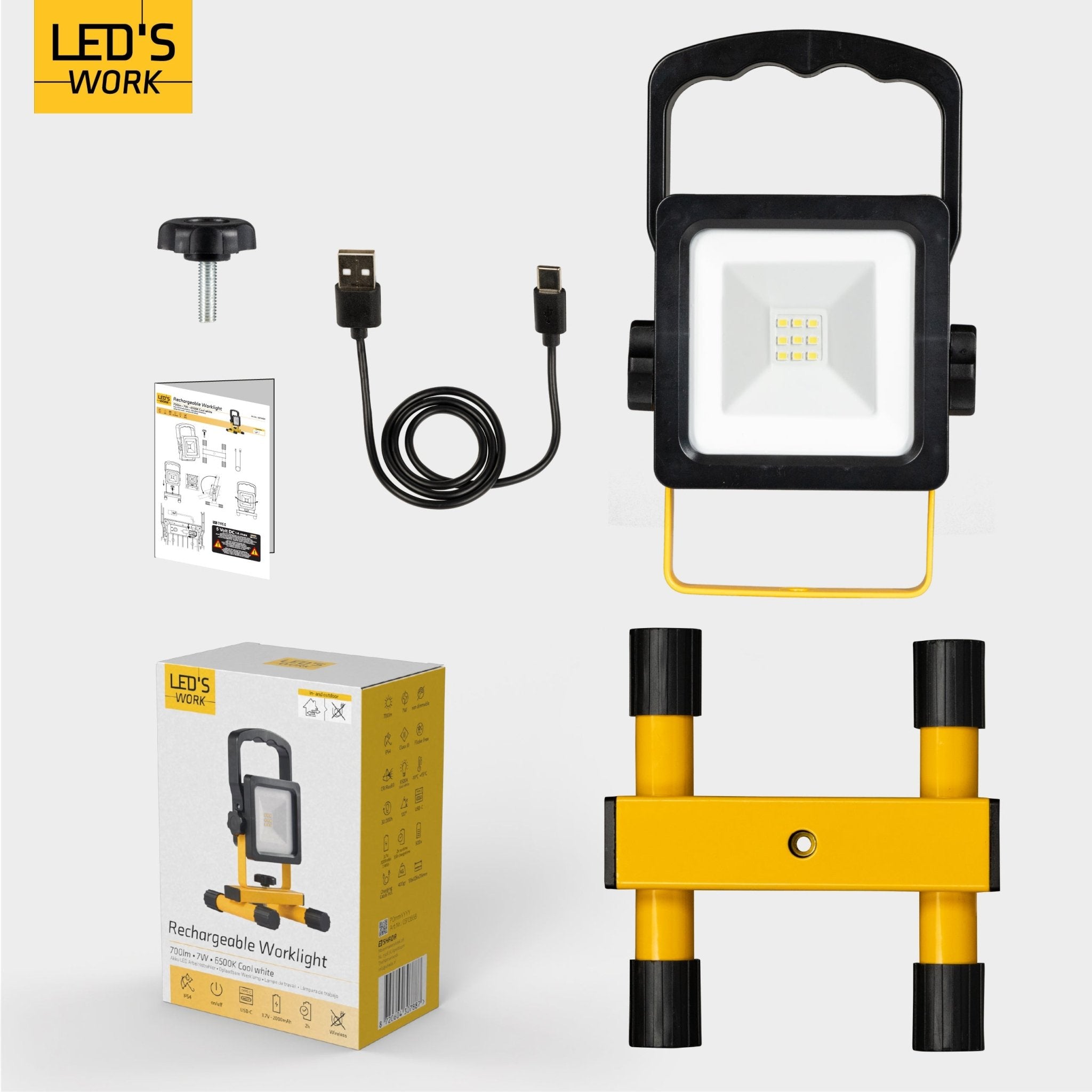LED's Work draadloze LED Werklamp op accu 700lm - Oplaadbaar en kantelbaar - Zwart geel Werklampen LED.nl