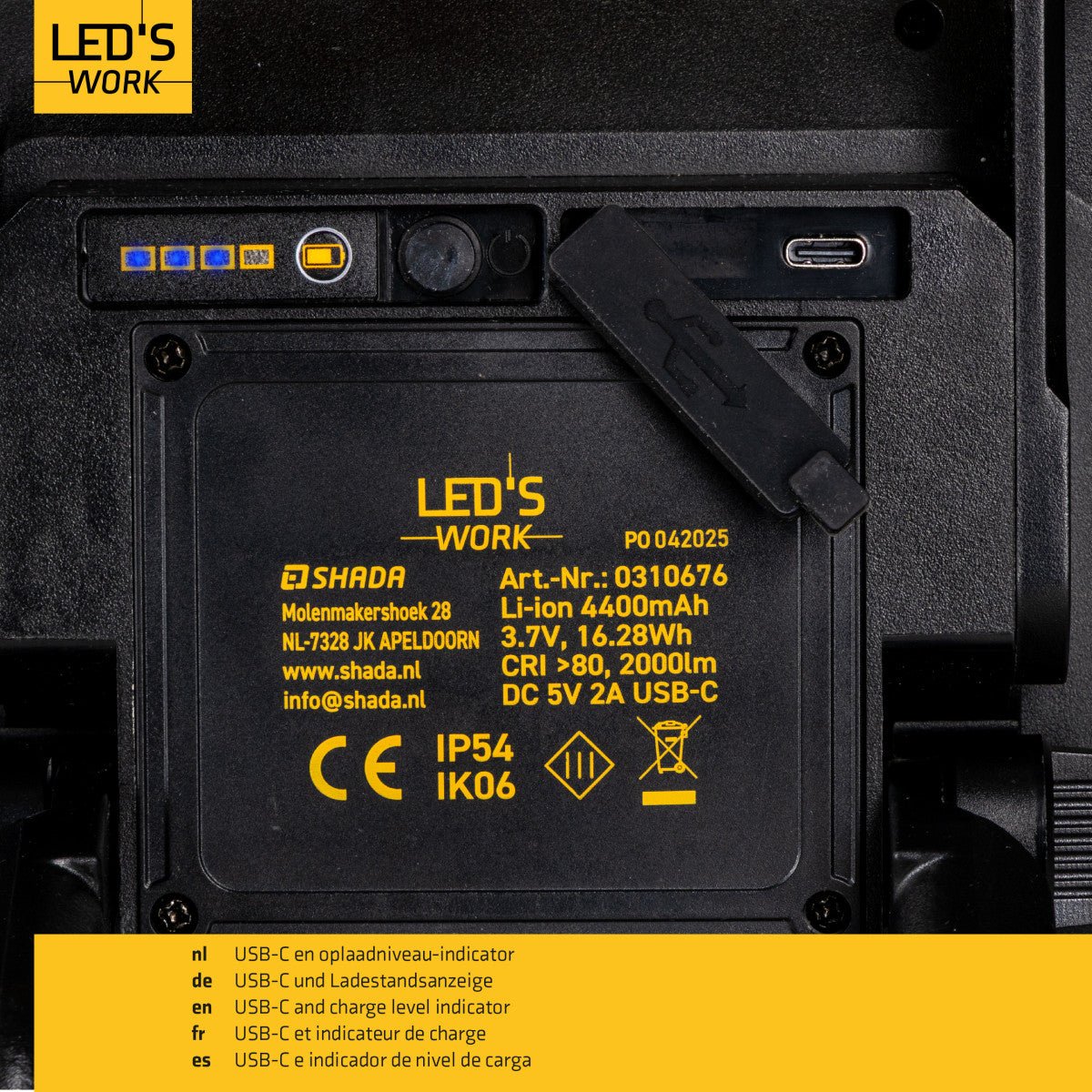LED's Work LED oplaadbare Bouwlamp 20W 2000lm - Werkt draadloos op accu - Stof- en waterdicht - Inklapbaar Bouwlampen LED.nl