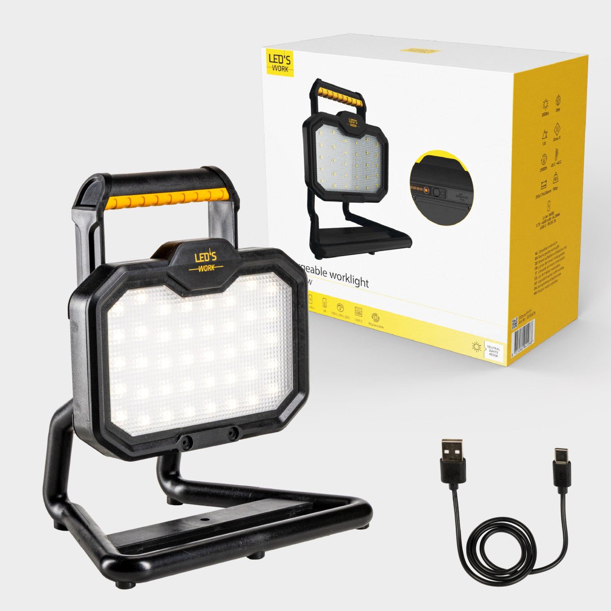 LED's Work LED oplaadbare Bouwlamp 20W 2000lm - Werkt draadloos op accu - Stof- en waterdicht - Inklapbaar Bouwlampen LED.nl
