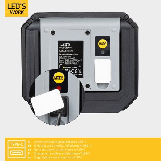 LED's Work Oplaadbare LED werklamp met accu 700 - Draadloos en draagbaar - 10W Bouwlampen LED.nl