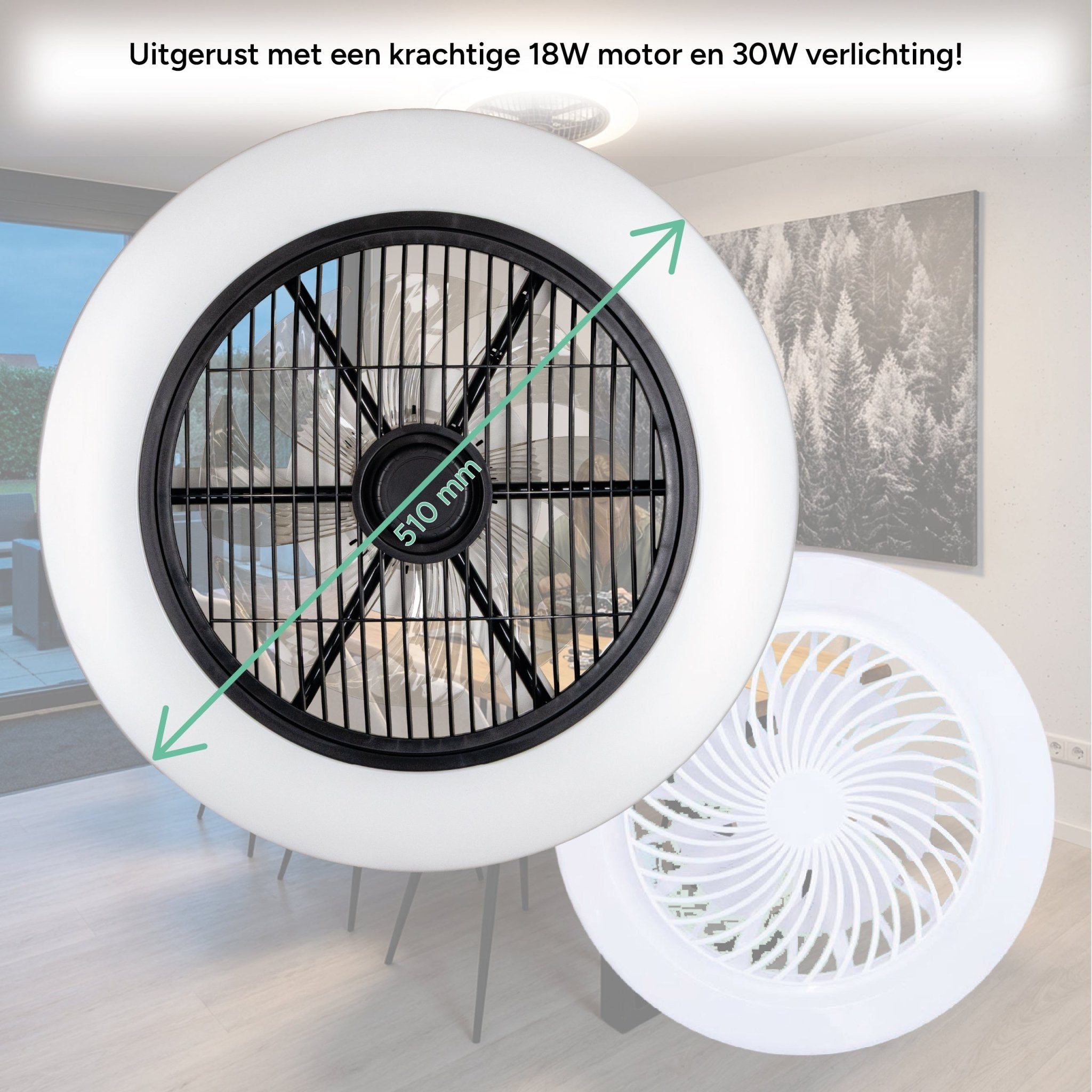Moderno 3D plafondventilator met verlichting 50cm – Dimmen en lichtkleur instellen via afstandsbediening – Met zomer- en winterstand en timerfunctie Plafondventilatoren Led.nl