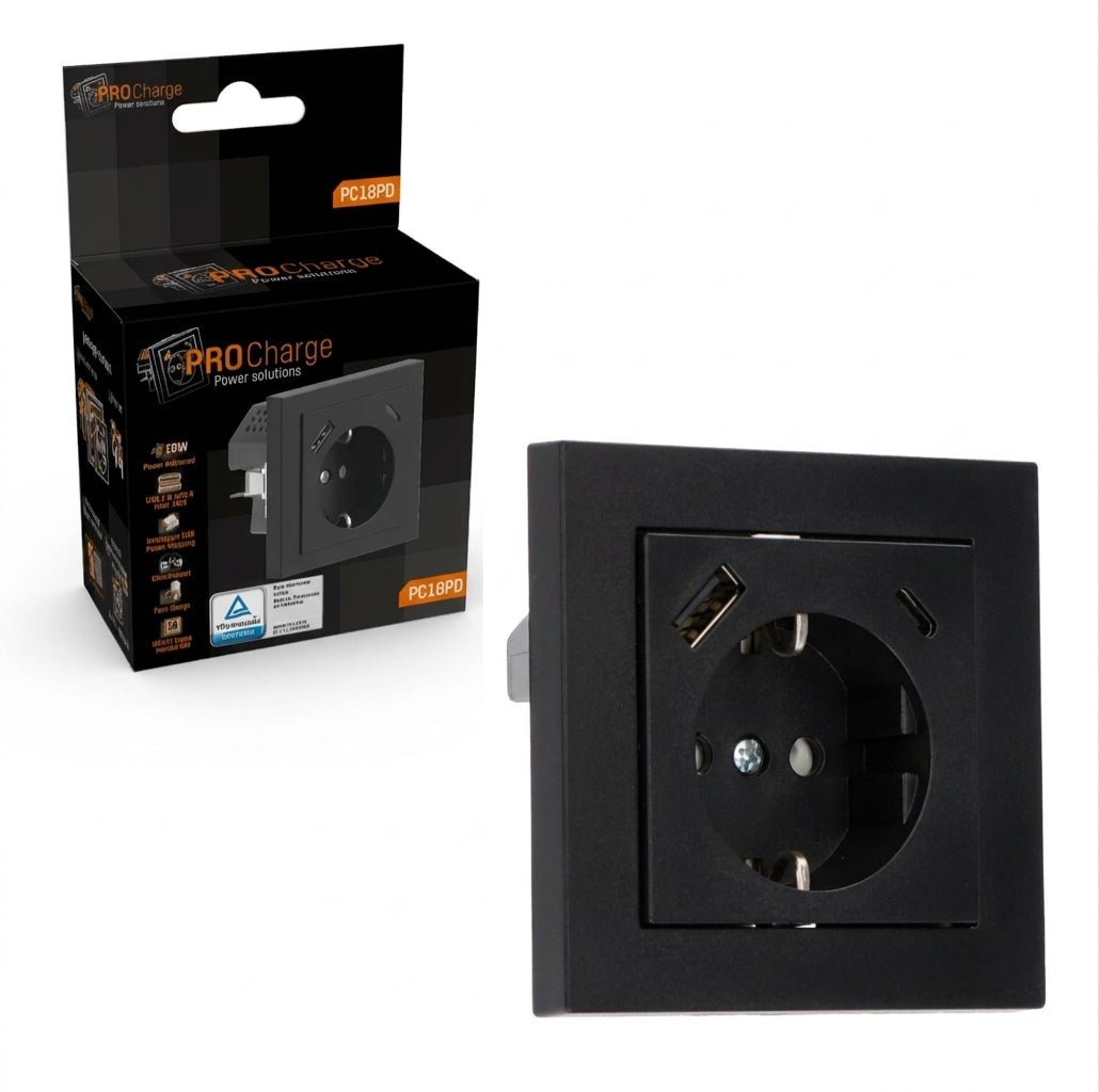 ProCharge Wandcontactdoos met USB-C en USB snelladers - Universeel - Zwart - LED.nl
