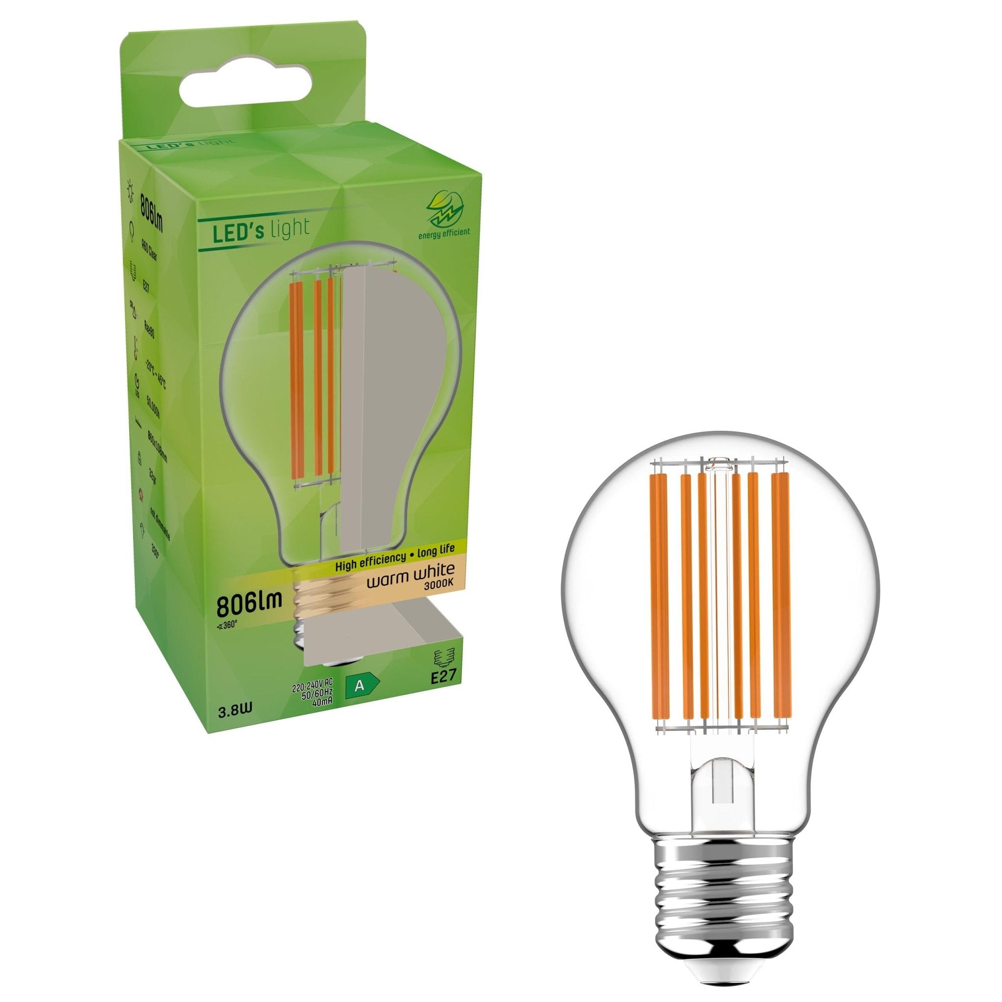Ultra LED Filament lamp E27 - Energielabel A - Transparant - 3.8W = 60W LED Filament Lampen LED.nl