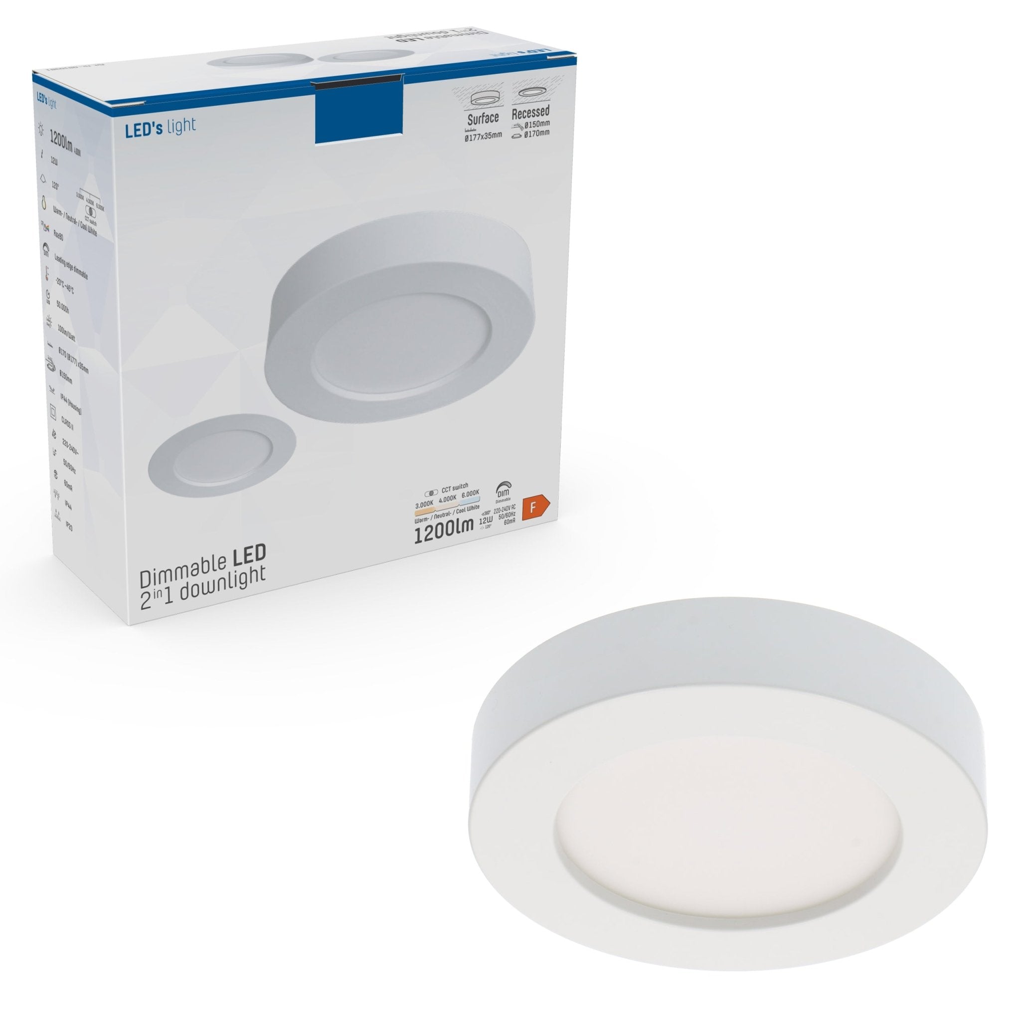 LED's Light Inbouw/Opbouw LED Plafondspot CCT Ø 15 cm - Dimbaar - warm en koud wit - Zaagmaat Ø 150mm – Wit Spotjes LED.nl