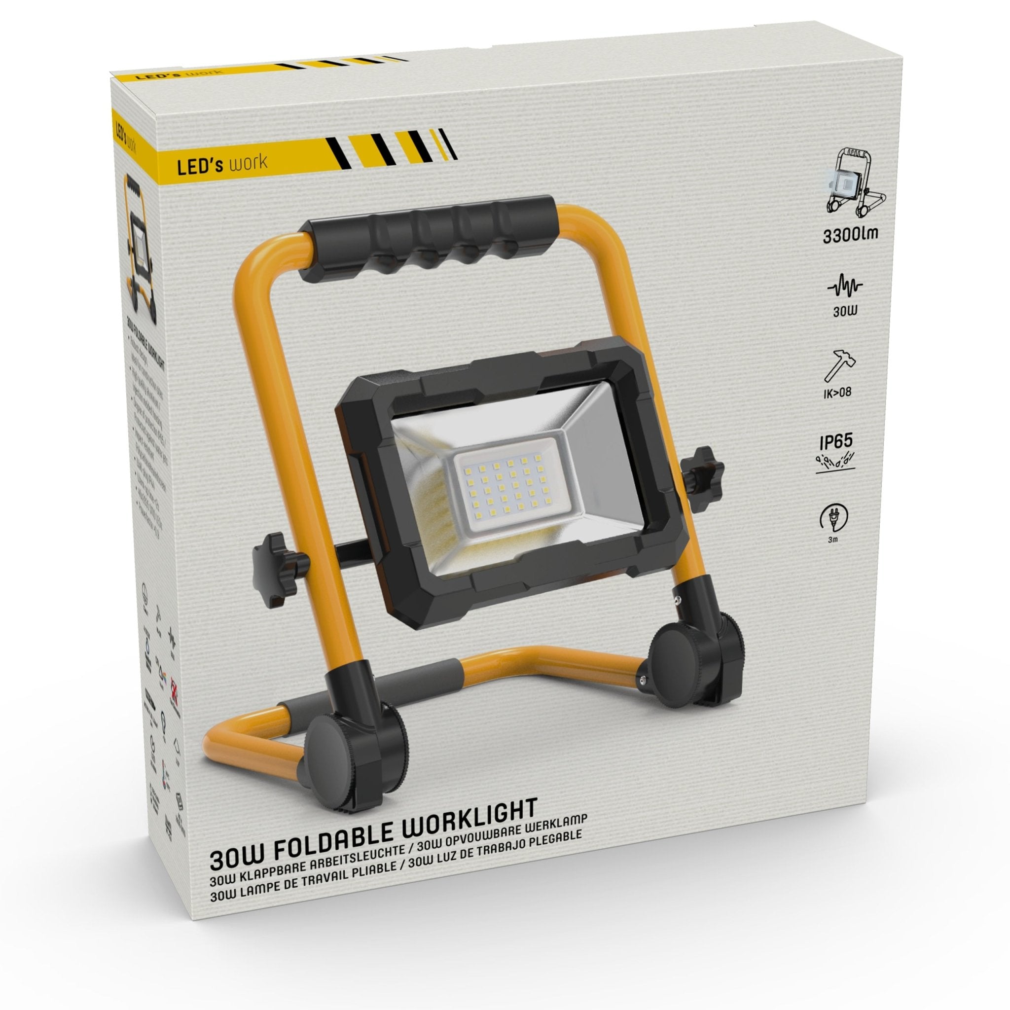 LED's Work Bouwlamp 3300 - Inklapbaar & Kantelbaar - 3 meter snoer - IP65 - 30W Bouwlampen LED.nl