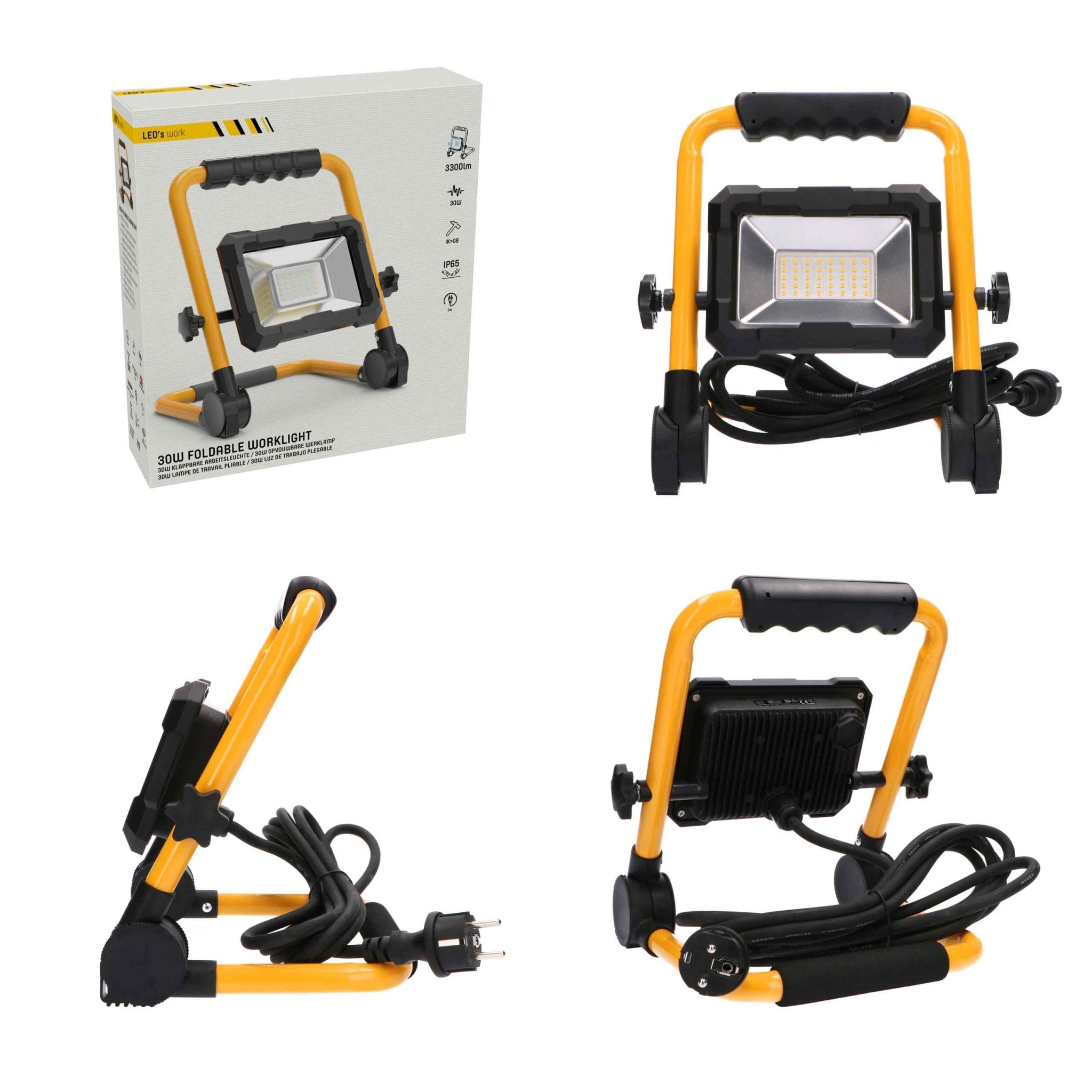 LED's Work Bouwlamp 3300 - Inklapbaar & Kantelbaar - 3 meter snoer - IP65 - 30W Bouwlampen LED.nl