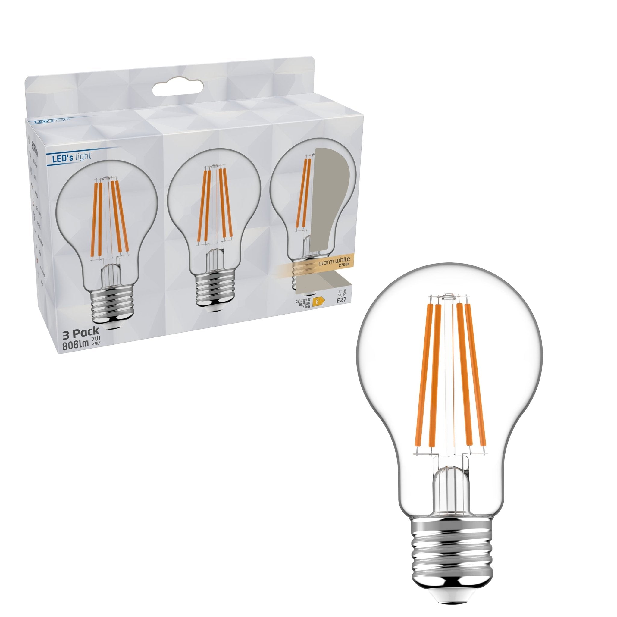 LED Filament Lampen E27 - Transparant - Warm wit - 806 lm - 3PACK LED Filament Lampen LED.nl