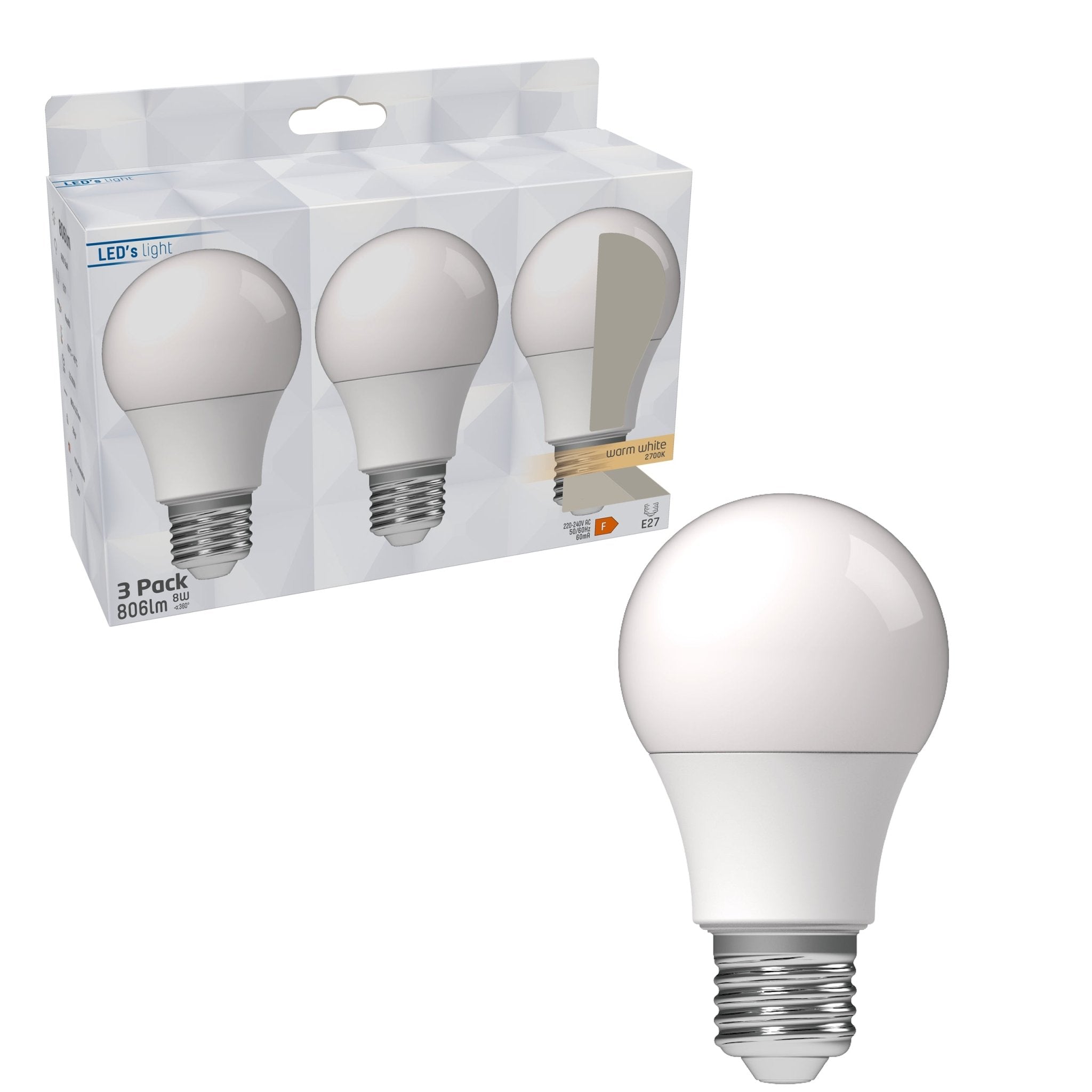LED lampen met grote E27 fitting - Warm wit licht - 8W/60W - 3PACK Lichtbronnen LED.nl
