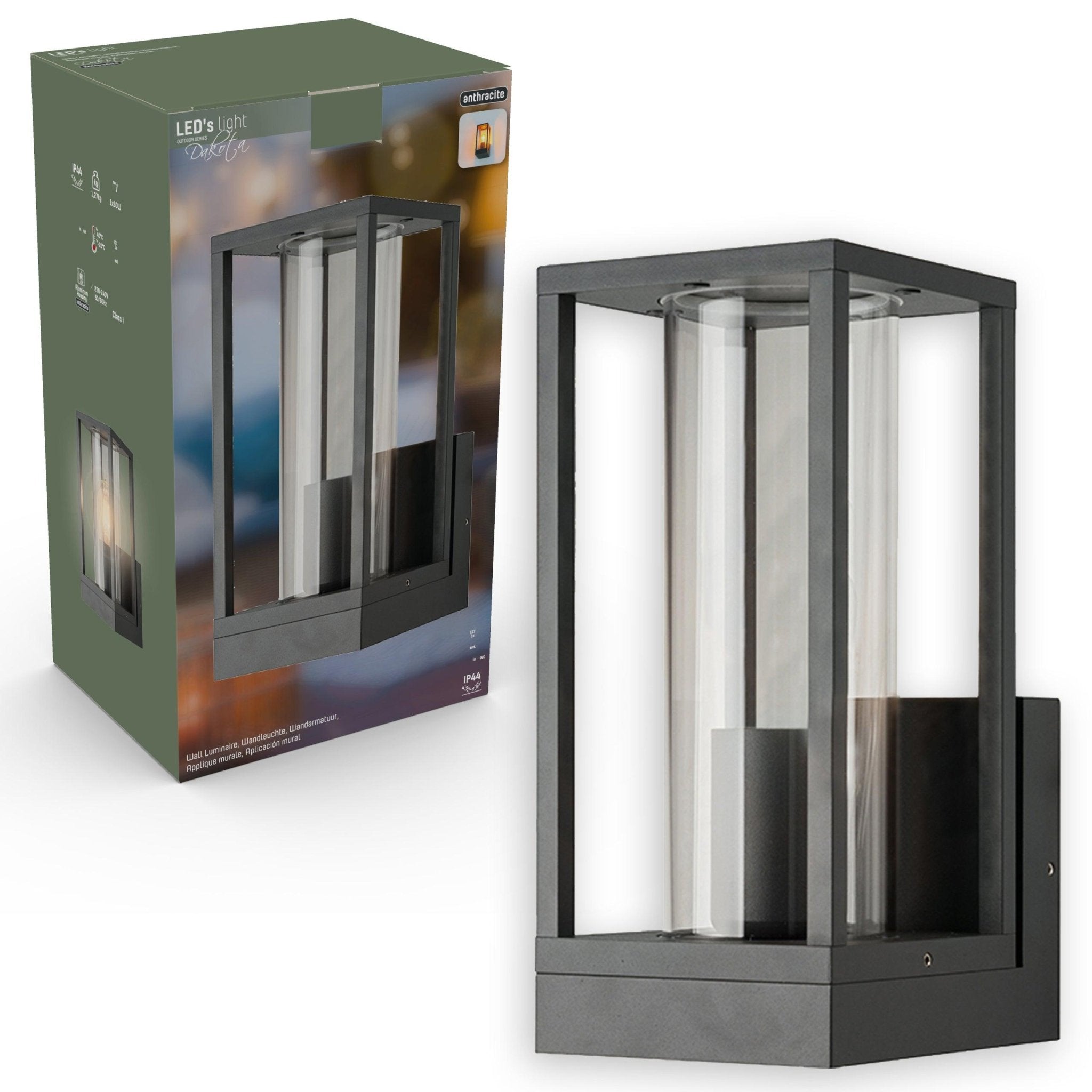 LED's Light LED Wandlamp met glazen ruiten - Rechthoek - E27 fitting - IP44 - Antraciet Wandlampen LED.nl