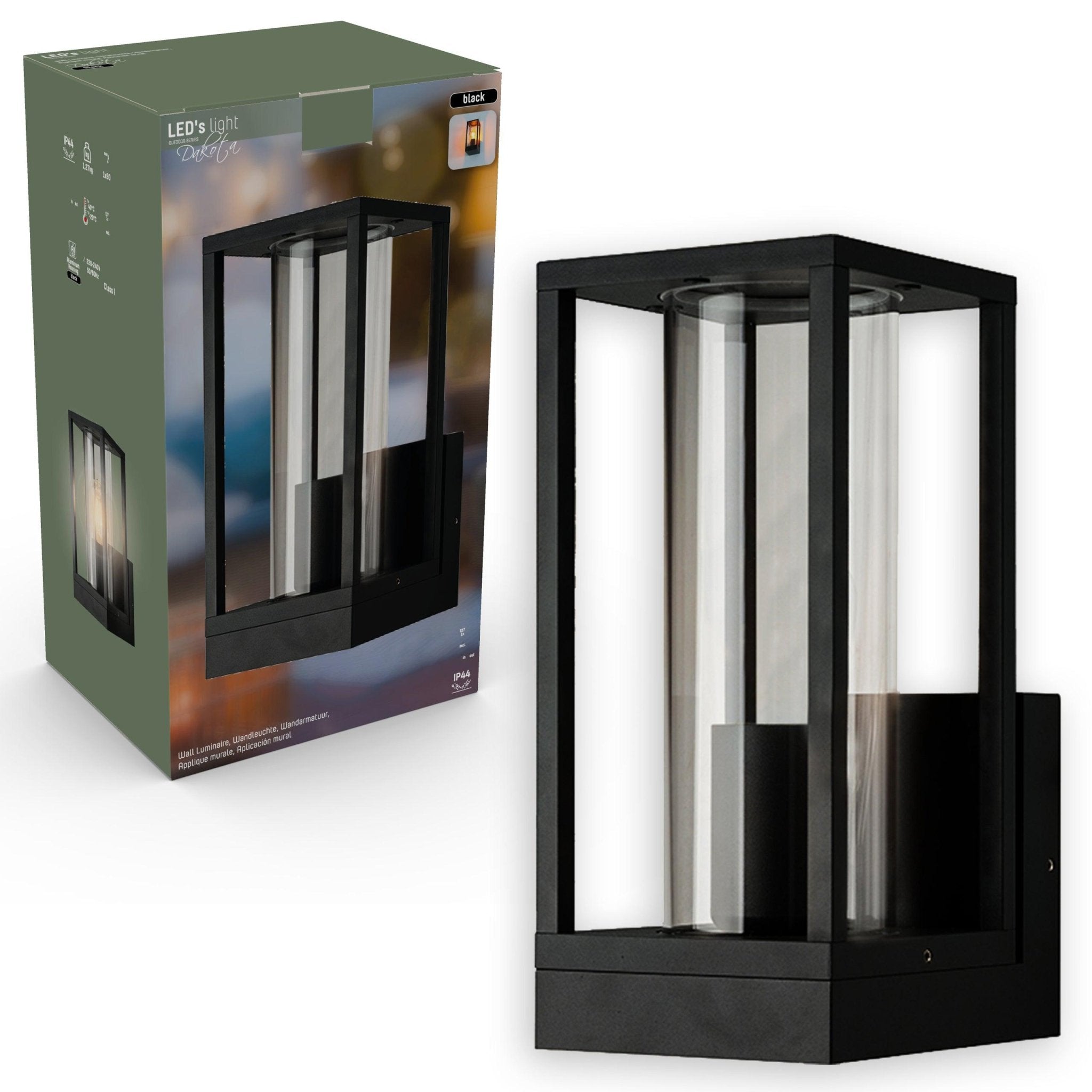 LED's Light LED Wandlamp met glazen ruiten - Rechthoek - E27 fitting - IP44 - Zwart Wandlampen LED.nl