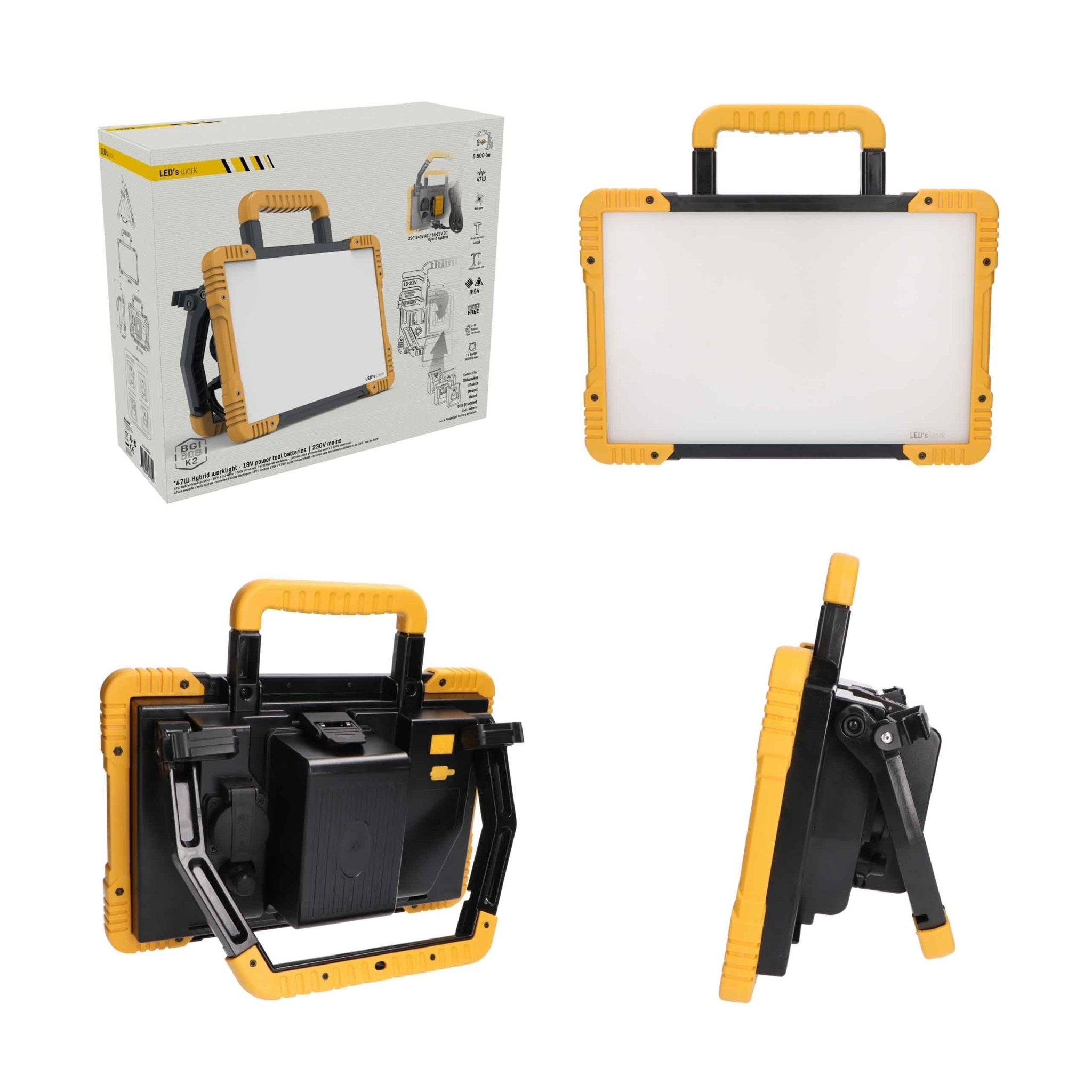 LED's Light 18V Hybride LED Bouwlamp 5500lm - Incl Adapters - Bedraad en draadloos te gebruiken – IP54 – Rough Service Tested – 47W Bouwlampen LED.nl