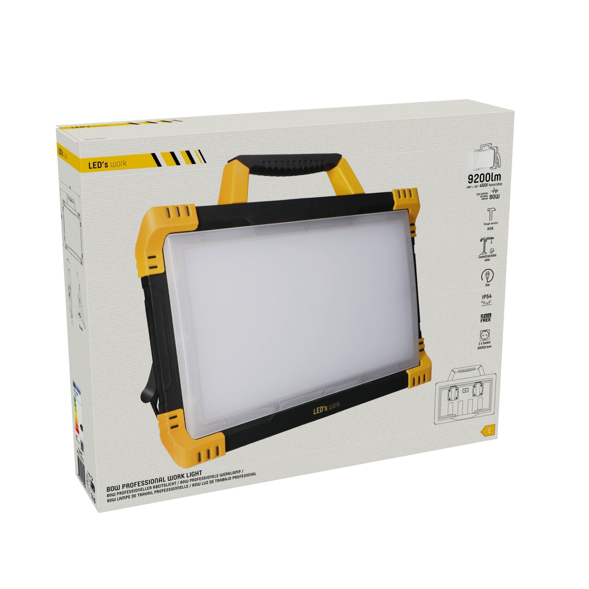 LED's Work Bouwlamp 9200 - 2 extra stopcontacten - 5 meter snoer - IP54 water- en stofbestendig Bouwlampen Led.nl