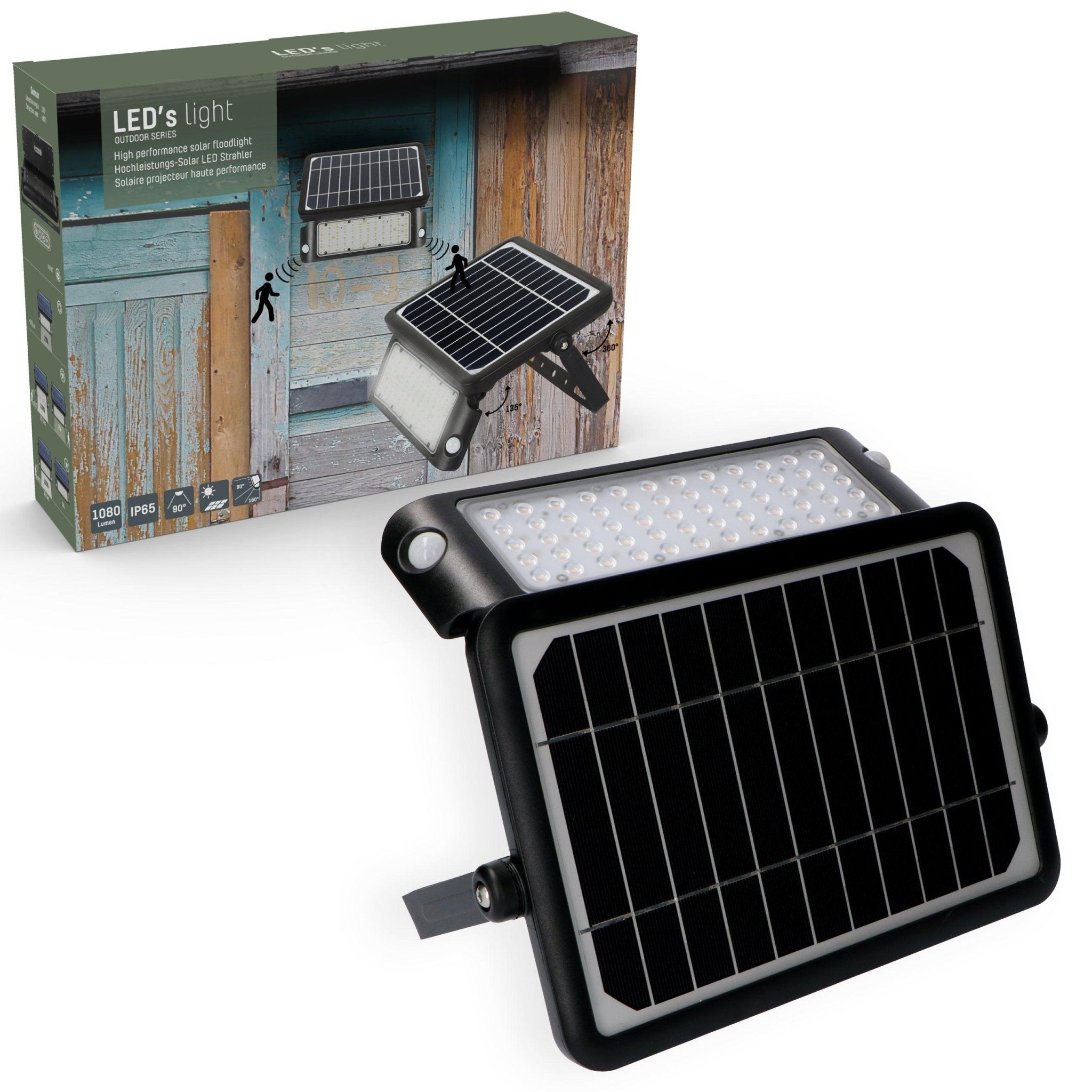 LED's Light Solar LED Schijnwerper met Bewegingssensor - 3 standen - Draadloos - 1080 Lumen - Zwart Buitenlampen LED.nl